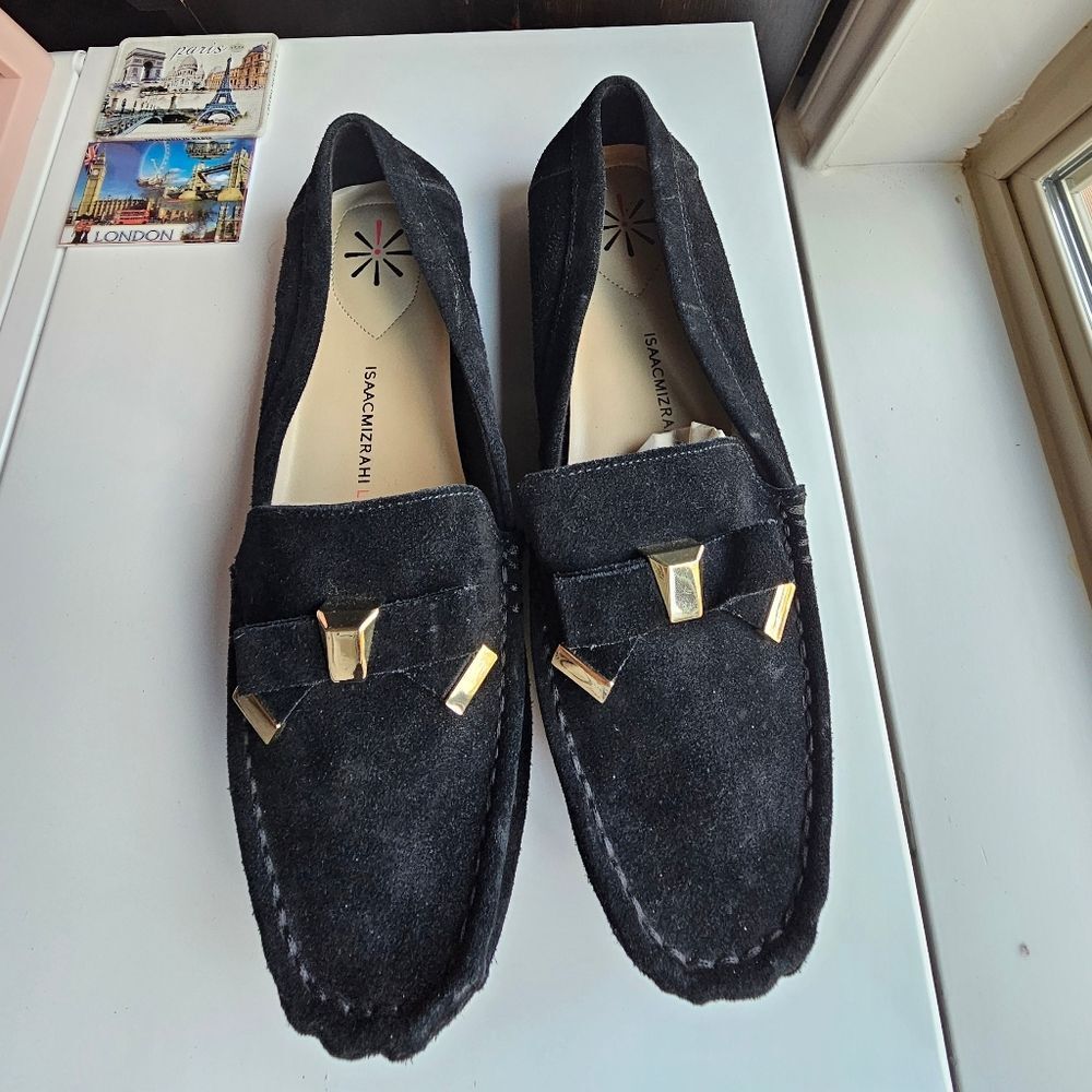 Isaac Mizrahi Black Suede Loafers with Gold Accents - Picture 5 of 7